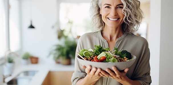 Woman smiling while holding salad in kitchen